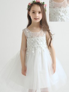 Scoop White Sleeveless Knee Length Appliques and Bowknot Zipper Toddler Flower Girl Dress