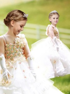 White Sleeveless Ruffled Layers and Hand Made Flower Zipper Flower Girl Dresses