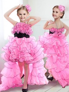 Rose Pink Toddler Flower Girl Dress Party and Quinceanera and Wedding Party and For with Beading and Ruffles and Belt Straps Sleeveless Zipper
