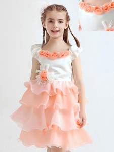 Top Selling Scoop Peach Organza Zipper Flower Girl Dress Cap Sleeves Knee Length Ruffled Layers and Hand Made Flower