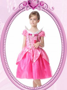 New Style Hot Pink Toddler Flower Girl Dress Quinceanera and Wedding Party and For with Beading and Hand Made Flower V-neck Short Sleeves Clasp Handle