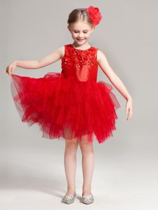 Deluxe Scoop Red A-line Appliques and Ruffles Flower Girl Dresses Zipper Tulle Sleeveless Mini Length