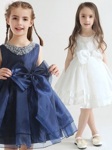 Fancy White and Navy Blue Scoop Zipper Beading and Bowknot Flower Girl Dress Sleeveless