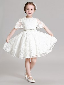 New Style Organza High-neck Short Sleeves Zipper Beading and Appliques Flower Girl Dresses for Less in White