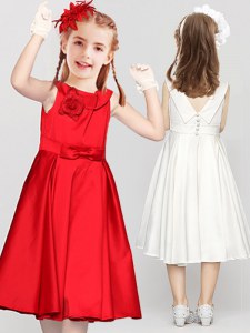 Scoop Clasp Handle Satin Sleeveless Tea Length Flower Girl Dresses for Less and Bowknot and Hand Made Flower