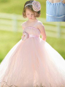 Exquisite Ball Gowns Toddler Flower Girl Dress Baby Pink Straps Tulle Sleeveless Floor Length Zipper