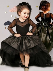 Simple Scoop Clasp Handle Taffeta and Tulle Long Sleeves With Train Flower Girl Dresses Brush Train and Bowknot