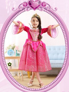 Scoop Sequins Tea Length A-line 3 4 Length Sleeve Hot Pink Flower Girl Dresses Zipper