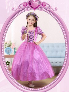 Attractive Scoop Tulle Short Sleeves Ankle Length Flower Girl Dress and Beading