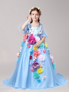 Charming Baby Blue Zipper Flower Girl Dress Hand Made Flower Half Sleeves With Brush Train