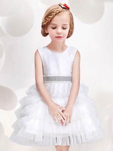 Scoop White Sleeveless Ruffled Layers and Sequins and Bowknot Mini Length Flower Girl Dresses for Less