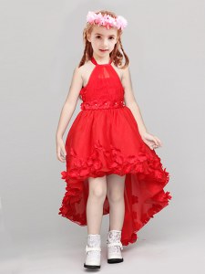 Halter Top Red Sleeveless Organza Zipper Toddler Flower Girl Dress for Party and Quinceanera and Wedding Party