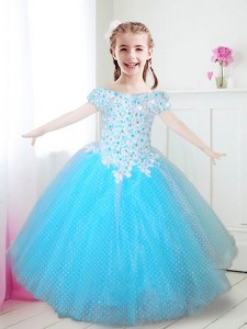 Tulle Off The Shoulder Cap Sleeves Zipper Beading and Appliques Flower Girl Dresses in Aqua Blue