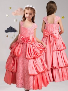Romantic Straps Pick Ups Watermelon Red Cap Sleeves Taffeta and Lace Zipper Flower Girl Dresses for Quinceanera and Wedding Party