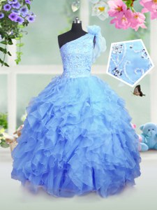 One Shoulder Floor Length Ball Gowns Sleeveless Baby Blue Kids Pageant Dress Lace Up