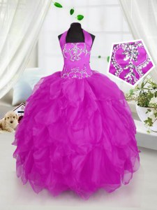 Purple Lace Up Halter Top Appliques and Ruffles Casual Dresses Organza Sleeveless