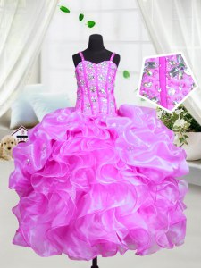 Floor Length Purple Little Girl Pageant Gowns Spaghetti Straps Sleeveless Lace Up