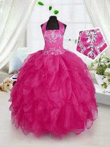 Customized Fuchsia Halter Top Lace Up Appliques and Ruffles Kids Pageant Dress Sleeveless