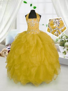 High End Halter Top Sleeveless Lace Up Little Girls Pageant Gowns Gold Organza