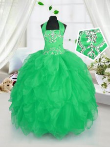 Trendy Halter Top Floor Length Lace Up Kids Formal Wear Apple Green for Party and Wedding Party with Appliques and Ruffles