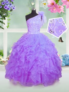 Super One Shoulder Lavender Sleeveless Floor Length Beading and Ruffles Lace Up Kids Formal Wear