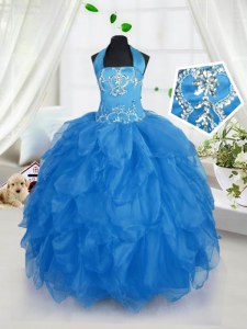 Custom Designed Halter Top Baby Blue Organza Lace Up Child Pageant Dress Sleeveless Floor Length Appliques and Ruffles