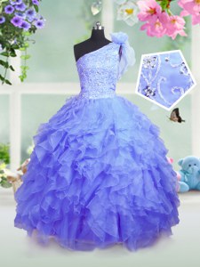 Adorable Blue One Shoulder Lace Up Beading and Ruffles Kids Pageant Dress Sleeveless