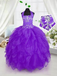 Modern Floor Length Purple Girls Pageant Dresses Halter Top Sleeveless Lace Up