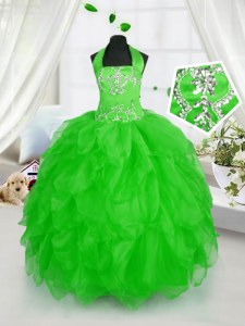 Elegant Organza Lace Up Halter Top Sleeveless Floor Length Kids Formal Wear Appliques and Ruffles