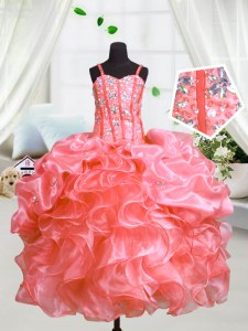 Spaghetti Straps Sleeveless Organza Party Dresses Beading and Ruffles Lace Up