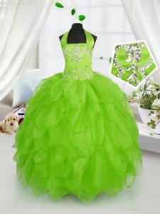 Ball Gowns Halter Top Sleeveless Organza Floor Length Lace Up Beading and Ruffles Kids Formal Wear