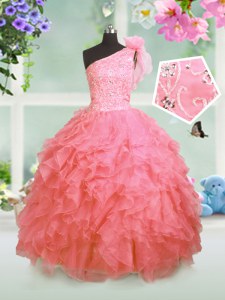 Best One Shoulder Watermelon Red Ball Gowns Beading and Ruffles Kids Pageant Dress Lace Up Organza Sleeveless Floor Length