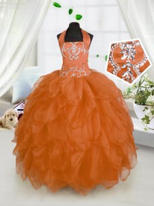 Cute Halter Top Orange Red Lace Up Custom Made Beading and Ruffles Sleeveless Floor Length