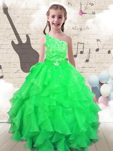 Exquisite One Shoulder Floor Length Lace Up Little Girls Pageant Dress Apple Green for Party and Wedding Party with Beading and Ruffles