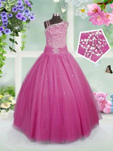 Amazing Rose Pink Side Zipper Little Girls Pageant Dress Beading Sleeveless Floor Length