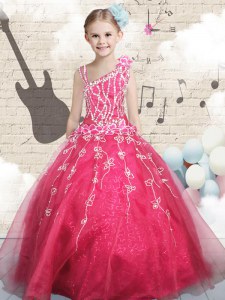 Low Price Red Sleeveless Appliques Floor Length Little Girl Pageant Dress