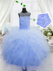 Scoop Floor Length Zipper Child Pageant Dress Baby Blue for Party and Wedding Party with Beading and Ruffles