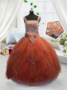 Fashionable Ball Gowns Little Girl Pageant Gowns Orange Red Straps Tulle Sleeveless Floor Length Lace Up