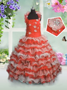 Beading and Appliques and Ruffled Layers Kids Formal Wear Coral Red Lace Up Sleeveless Floor Length