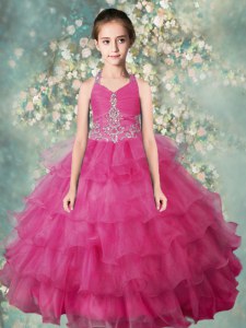 Rose Pink Zipper Halter Top Beading and Ruffled Layers Little Girls Pageant Gowns Organza Sleeveless