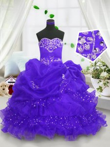 Custom Designed Sweetheart Sleeveless Party Dress Wholesale Floor Length Beading and Ruffled Layers and Pick Ups Blue Organza
