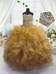 Beading and Ruffles Kids Pageant Dress Gold Lace Up Sleeveless Floor Length