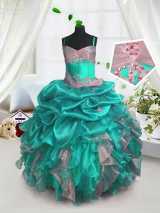 Unique Spaghetti Straps Sleeveless Organza Child Pageant Dress Beading and Ruffles and Pick Ups Lace Up