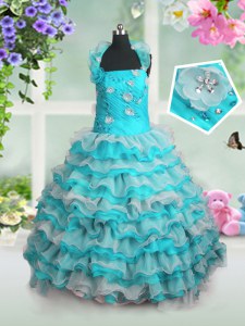 Blue And White Sleeveless Floor Length Beading and Appliques and Ruffled Layers Lace Up Little Girls Pageant Dress