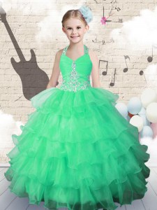 Halter Top Sleeveless Organza Little Girl Pageant Gowns Beading and Ruffled Layers Lace Up