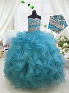 Trendy Beading and Ruffles Kids Formal Wear Blue Lace Up Sleeveless Floor Length
