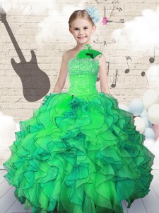 Perfect Ball Gowns Pageant Gowns For Girls Green One Shoulder Organza Sleeveless Floor Length Lace Up