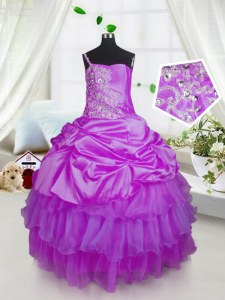 Trendy Pick Ups Ruffled One Shoulder Sleeveless Lace Up Little Girls Pageant Dress Lavender Satin and Tulle