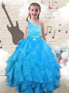 Elegant One Shoulder Aqua Blue Sleeveless Beading and Ruffles Floor Length Pageant Gowns For Girls