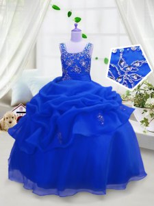 Popular Pick Ups Straps Sleeveless Zipper Party Dress for Toddlers Royal Blue Organza